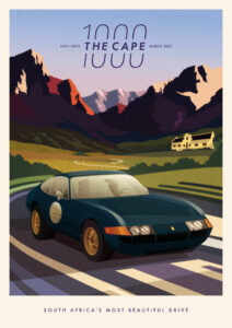 Cape 1000 2025 official poster with dark blue classic Ferrari GT car, Cape winelands scenery, mountains, and 16&ndash;20 March 2025 dates.