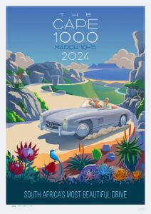 Official Cape 1000 2024 poster featuring a silver classic Mercedes convertible on a scenic mountain road with Cape flora, coastal views, and event dates 10&ndash;15 March 2024.