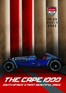 Official Cape 1000 2023 poster featuring a blue vintage car, Cape 1000 logo, and event dates 19&ndash;24 March 2023.