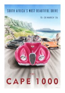 Cape 1000 2026 official poster with Jaguar XK120, Aston Martin 550, McLaren 765LT, coastal scenery, and 15&ndash;20 March 2026 dates.