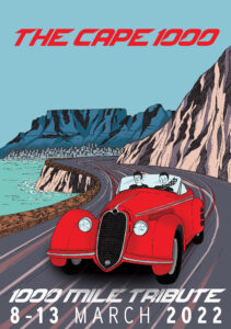 Official Cape 1000 2022 poster featuring a red classic convertible car on a Cape Town coastal road with Table Mountain and event dates 8&ndash;13 March 2022.
