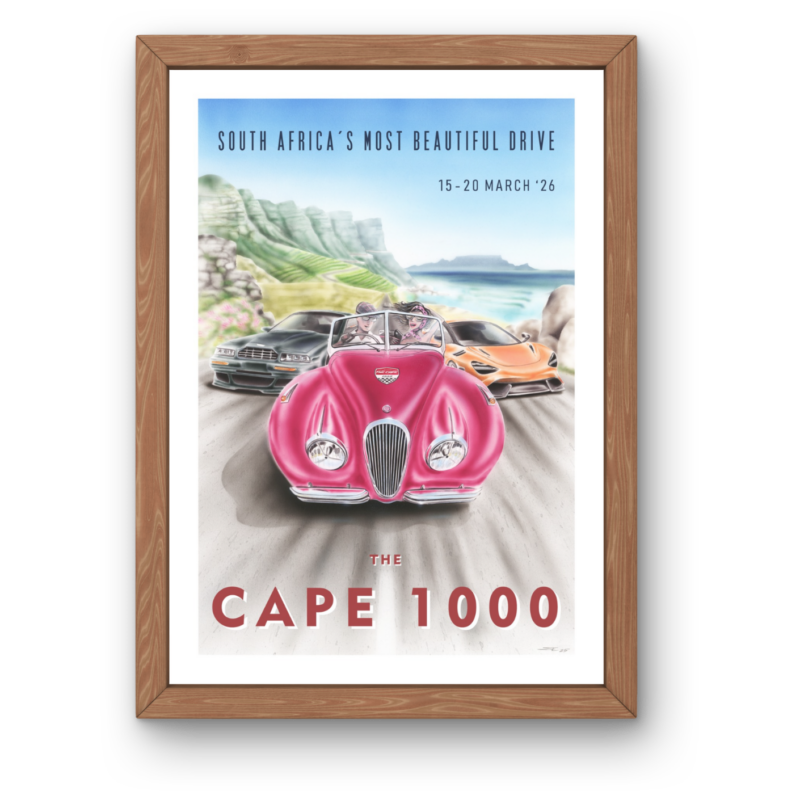 Cape 1000 2026 official poster with Jaguar XK120, Aston Martin 550, McLaren 765LT, coastal scenery, and 15–20 March 2026 dates.