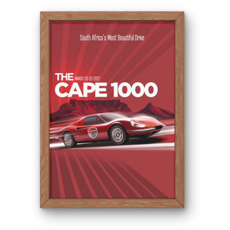 2027 Cape 1000 poster by Tony Crampton showing a classic red sports car speeding past Table Mountain for South Africa's Most Beautiful Drive.